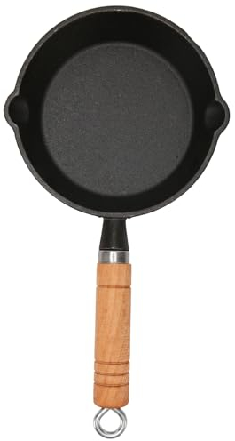 HERCHR Poêle En Fonte, Poêles En Fonte Pré-assaisonnées, Petite Poêle Antiadhésive Avec Becs Verseurs Et Manche En Bois Pour la Cuisine(16 * 3cm)