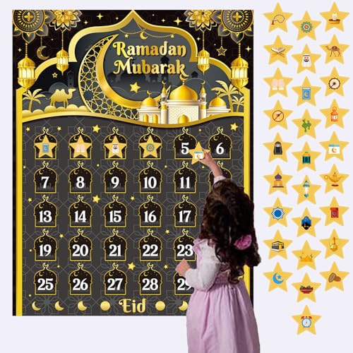 Calendrier de l'Avent du Ramadan pour enfants, compte à rebours du Ramadan 2024 pour enfants, calendrier compte à rebours du Ramadan pour jeux du Ramadan, avec 30 étoiles autocollantes