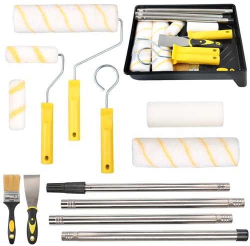Gemsaya Farbroller mit Teleskopstange Set, 12-Teiliges Farbroller Wandfarbe mit 5 WalzenhüLsen, Maler Teleskopstange, Pinsel und Farbroller, Schaber & Farbwanne, Malerwalze für Wandfarben