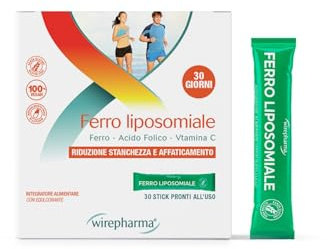 WIREPHARMA - Ferro Liposomiale e Vitamina C - 30 Stick - Integratore con Vitamine del Gruppo B - Supporto Energetico - Combatte Stanchezza