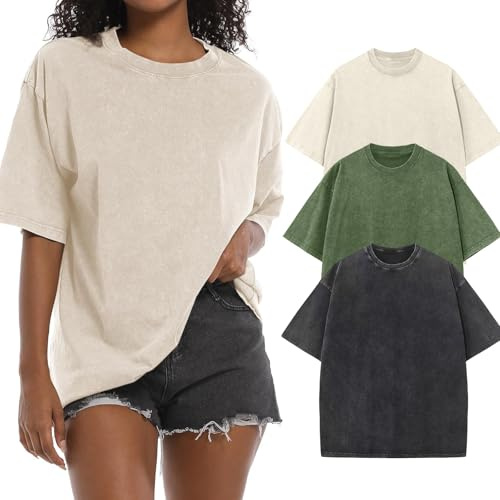 Oversized t-shirt för kvinnor rund hals kortärmade toppar casual lös basic sommar t-shirts skjortor blus, Beige/militärgrön/svart, XL