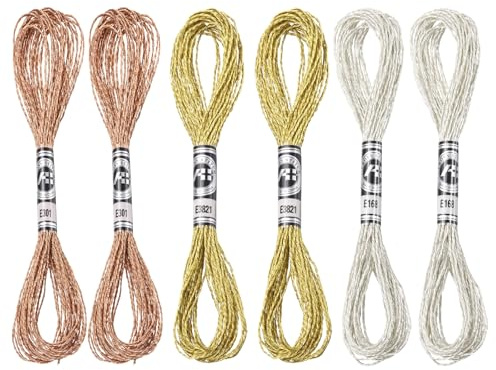 PATIKIL 6 Madejas De Hilo De Bordar, Hilo De Bordar Metálico Hilos De Nylon Cuerda Para Pulseras Para Bordado A Mano Y Punto De Cruz, Bronce/Plateado/Oro Claro