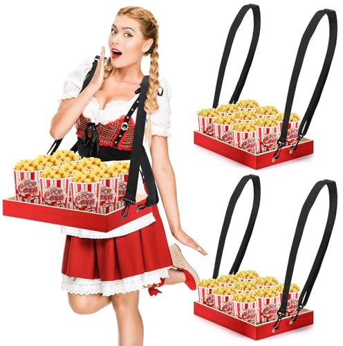 Marsui 2 Pcs Movie Night Snack Trays with Straps 15 x 11 x 2 Inch Wooden Vendor Usherette Popcorn Drink Beverage Carrier for 20's Theme Carnival Party Costume(Red)