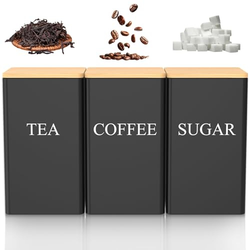 HuhWafee Juego de 3 tarros de cocina, café, té, azúcar, fácil de limpiar con tapa hermética de bambú, juego de recipientes de almacenamiento de metal, organizador de cocina duradero (negro)