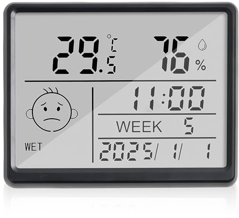WIYETY Réveil numérique avec température et humidité LCD - Réveil numérique avec aspiration magnétique - Multifonction - Petit réveil de voyage - Fonctionne sur piles - 12/24 heures ℃/℉ - Noir