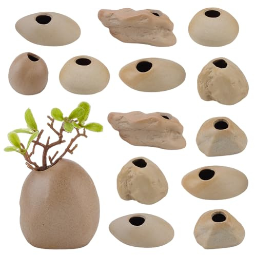 GOMAKERER 14 Pcs 7 Sizes Aquarium Plant Pots, Ceramic Aquarium Plant Holder for Fish Tank Aquarium Aquascape Decor, Natural Tan Color