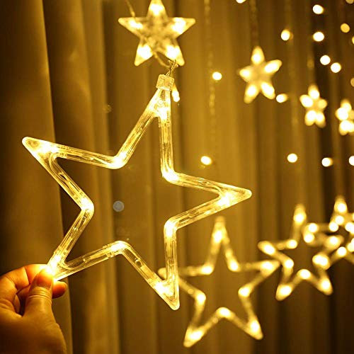 Ulinek Star Curtain Fairy Lights, 12 Stars Curtain String Lights LED Star Strips for Christmas Wedding Party Indoor Outdoor Decoration Lighting String with 138 LED 8 Flash Modes 2M/6.6ft Warm White