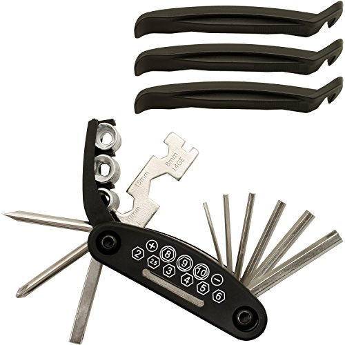 CampTeck U6621 - 16 in 1 Multifunctional All in One Allen Keys Set Bike Motorcycle Scooter Bicycle Folding Repair Tool Kit + 3x Tire Levers