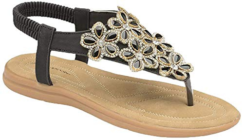 DUNLOP Ladies Women's Summer Folk Round Clip Toe Sandals Beach Flip Flops Flat Elastic T-Strap Post Thong Sandals Shoes (7 UK, Black.)