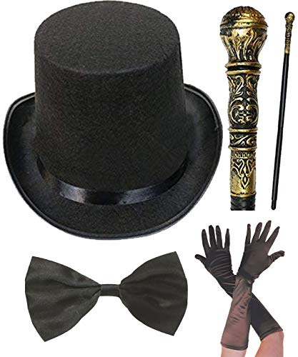 labreeze Adults Victorian Gentleman Black Top Hat Bow Tie Long Gloves Cane Party Set