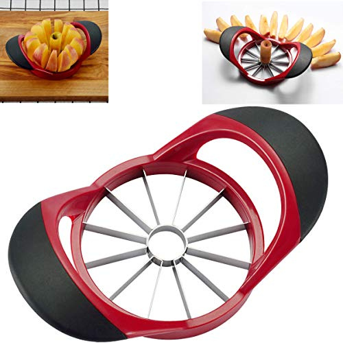HengKe 12-Blade Apple Slicer Corer Cutter，Ultra Sharp Stainless Steel Blades and Ergonomic Plastic Handle，3 in 1 Apple Slicer Potato Slicer Cutter for French Fries and Mango Slicer Corer (Red)