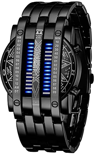 MASTOP Mens Creative Binary Digital Watches Unique Matrix LED Watch Futuristic Cool Stainless Steel Wrist Watch (U Black Blue)