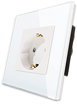 CNBINGO Single Socket 16 Amp con panel de vidrio endurecido Blanco, protección infantil, material de fuego de fuego, enchufe Schuko estándar