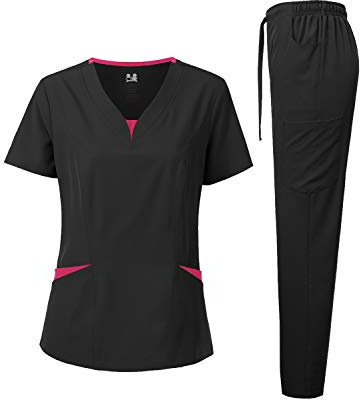 Dagacci Medical Uniform® Scrubs for Women Set – 4-Way Stretch Contrast V-Neck Top and Pants Sets for Women – 9 Pockets (Large, Black)