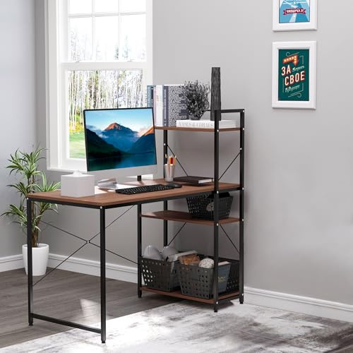 HOMCOM Bureau d'angle avec Rangement Design Industriel avec bibliothèque 3 étagères Panneaux Particules Aspect Noyer métal Noir