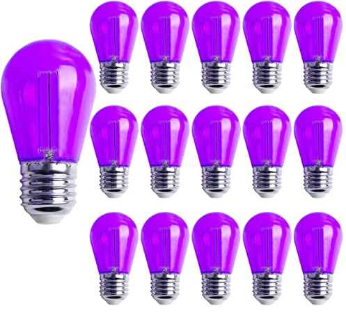 Lot de 15 ampoules LED S14 de rechange 2 W Edison en plastique incassables et étanches à filament violet pour Halloween Base E26 pour intérieur ou extérieur (violet)