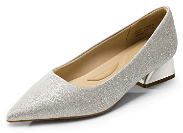 DREAM PAIRS Women's Chunky Heels Closed Toe Low Block Work Shoes Pointed Toe Dress Comfortable Wedding Pumps SDPU2321W,Size 6,Silver-Glitter,SDPU2321W