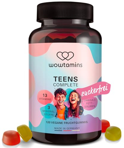 wowtamins Teens Complete zuckerfrei - Vitamine für Jugendliche (30-Tage-Vorrat) - Multivitamin Gummies mit Omega 3 - Nahrungsergänzungsmittel für das Immunsystem mit Vitamin C, D3, B12, Zink & mehr