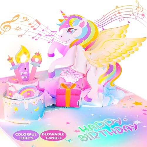 FITMITE Birthday Card with Light & Music, Unicorn 3D Pop up Greeting Cards with Blowable Candle Birthday Gifts for Women Girls Daughter Sister Kids-With 0-9 DIY Number