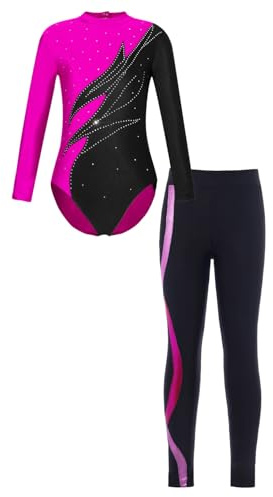 Oyolan Enfant Fille Ensemble Justaucorps Gymnastique Danse Patinage Manches Longues Strass et Legging Gym Tenue A Rose 9-10 ans