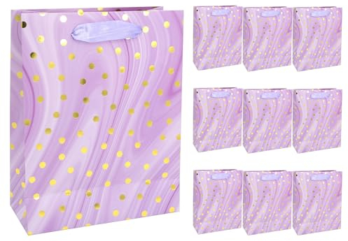 Idena 30381-10 - Geschenktüten Dot, 10 Stück, Geschenktaschen in der Größe 18 x 8 x 23 cm, Papiertüten in Lila mit goldenen Punkten