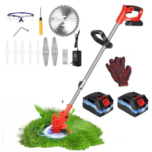 Wizvox Tondeuse Coupe Bordure sans Fil, avec 2 Piles 20A Et 1 Chargeur Outillage De Jardin Motorisé Rétractable et Angle Réglable DéBroussailleuse Electrique, pour Les Jardins ExtéRieurs