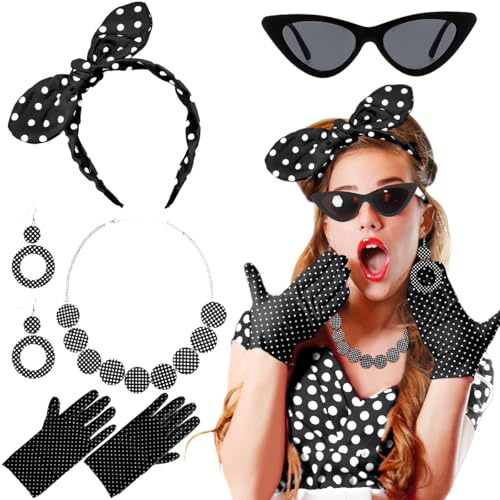 MQIAN Accessoires Années 50, Accessoires Carnaval Femme, Costumes Carnaval Femme, Costume Femme, Vintage Accessoires Costumes Années 50 60, Lunettes de Carnaval Cravate à Cheveux à Pois Boucles