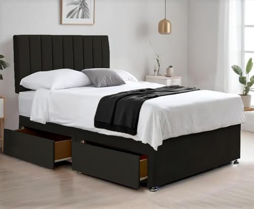 BED TIME UK - Luxe Plush Divan Bed Set | Premium Bed Frame with Spring Memory Foam Mattress & Stylish 20 Vertical Liner Headboard | 2-Drawer Storage (Black, 4FT6 Double Bed)