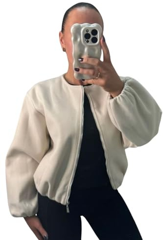 Women’s Balloon Sleeve Zipper Bomber Jacket, Ladies Lightweight Stylish Zip-Up Coat with Trendy Balloon Sleeves for Casual Elegant Outfits (Beige, 8-14)