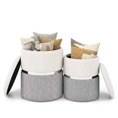 COSTWAY Set di 2 Pouf Contenitore in Velluto, Pouf Rotondi Imbottiti da 32L +21L, Sgabelli con Contenitore per Soggiorno, Camera da Letto, Portata 150 kg (Grigio)