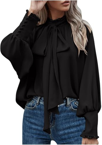 Chemisier élégant à manches longues pour femme avec nœud papillon, col cheminée, manches lanterne en mousseline de soie, blouse de travail décontractée à volants et à col montant, Noir , XL
