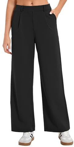 Oyamiki Women Trousers Elasticated High Waist Black Work Suit Pants Fashion Elegant Wide Leg Petite Length with Pockets S