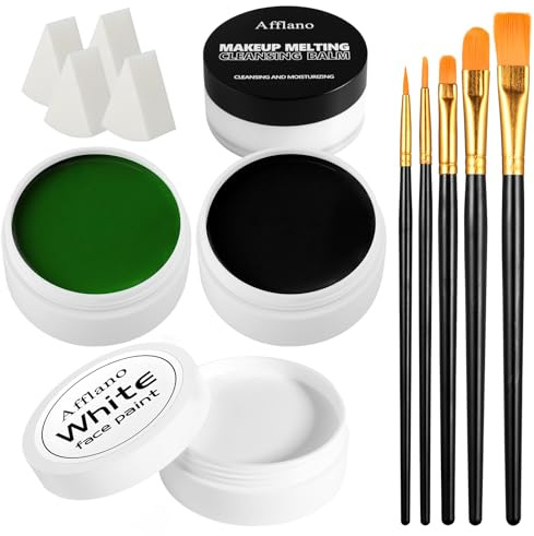 Black White Green Face Paint Kit – 3×50g Oil-Based Grease Makeup with Remover Balm, Brushes & Sponges – Waterproof, Sweat-Proof, Full Coverage Halloween, Cosplay & Stage SFX Makeup