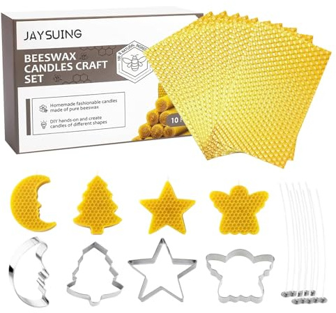 Luyuttn 10 Placas de Cera de Abejas,Cera de Abeja Natural 100%,10 Hojas de Miel de Abeja Natural,con Mecha de Algodón y Moldes,Laminas de Cera de Abeja para Hacer Velas Manualidades