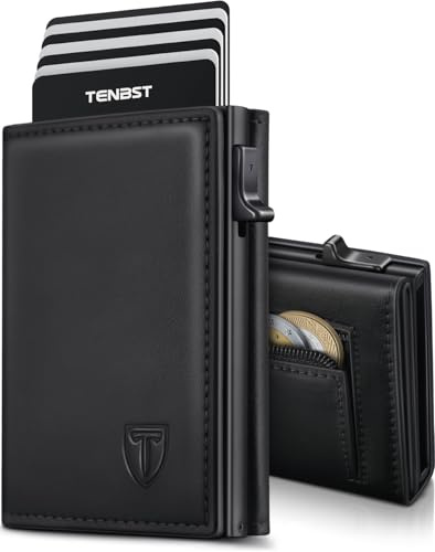 TENBST Portafoglio Uomo Slim, Magnetico Porta Carte di Credito Uomo con RFID Anticlonazione, Porta Tessere con Portamonete e Contanti, Portacarte Uomo Piccolo, Idea Regalo Uomo - Nero