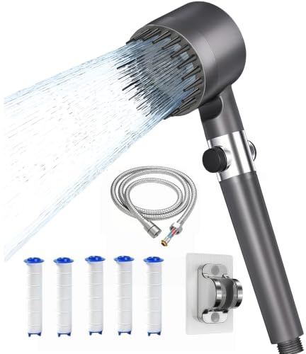 Alcachofa de Ducha de Alta Presión,Incluye manguera de1,5metros y soporte,4 modos, Alcachofa de ducha economizadora con filtro y botón de OFF/ON, Ideal para Aguas Duras y Limpieza del Baño,Grey