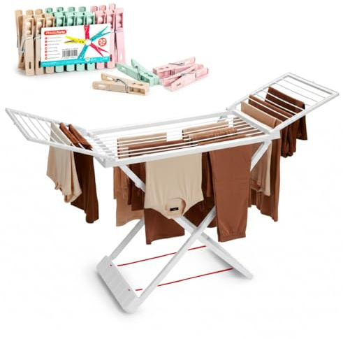 PlasticForte Tendedero Plegable y Extendible para Balcón, 20 m de Tendido con Pinzas, Gran Capacidad, Ligero y Resistente al Sol, Fácil de Transportar, Bloqueo de Seguridad, Blanco