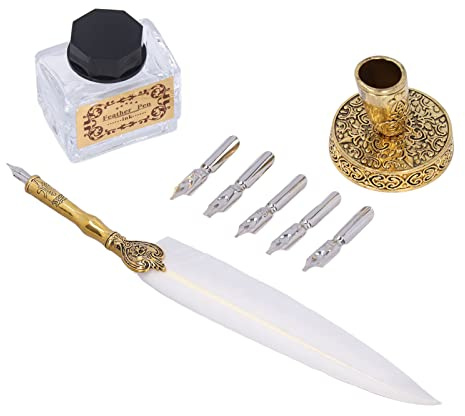 LUCKDANO Fjäderpenna Fjäderpenna Feather Quill Pen Set - Vintage Rostfritt Stål Spets för Flytande Skrift - Kalligrafiälskare - Innehåller 5 Spetsar och Bläckflaska (Vit)