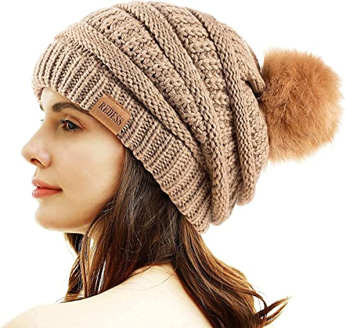 REDESS Bonnet d'hiver à Pompons pour Femme Doublure Polaire Chaude Épais Slouchy Snow Knit Chunky Baggy Skull Ski Cap