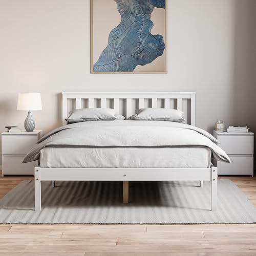 Vida Designs Milan Double Bed, 4ft6, Bed Frame, Solid Pine Wood, Headboard, Low Foot End, Bedroom Furniture, White