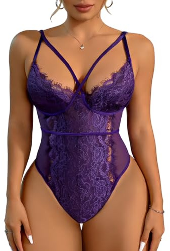 Buitifo Donna Sexy Lingerie Babydoll Body Senza Ferretto Un Pezzo Lingerie Sleepwear Trasparente Camicia da Notte Teddy Scollo a V Biancheria Intima（Purple,L