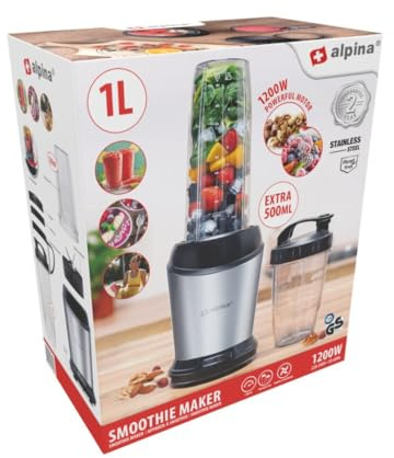alpina Smoothie Maker 1200 W - Mixer 1L - Mixer Smoothie Maker - mit 500 ML Mitnehmbecher und Deckeln – Standmixer mit Abnehmbare Edelstahlklingen - Blender Rutschfester Boden - Silber