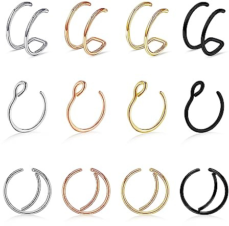 Kucheed 14 st falska näsringar, magnetiska näsdubbar falsk septum dubbel näsring ringar öronmanschetter, magnetiska septumringar falska näsringar örhängen, helix brosklob snäcka läpp falsk kroppspiercing smycken, Rostfritt stål
