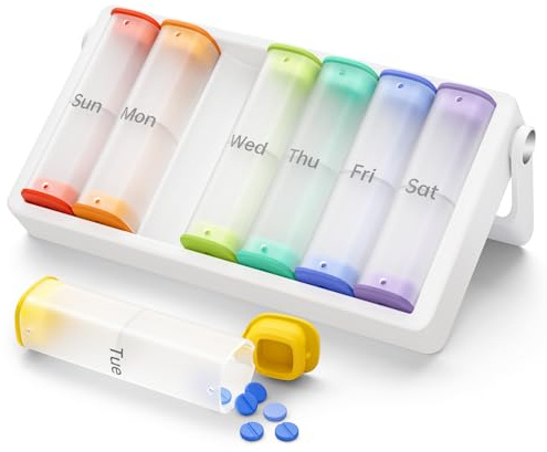 Weekly Pill Organizer 2 Times a Day, KOVIUU Large Travel Pill Box 7 Day, Am Pm Twice Daily Pill Case with Rotatable Handle, Pill Holder Container for Vitamin, Medicine, Supplement, Translucent-White