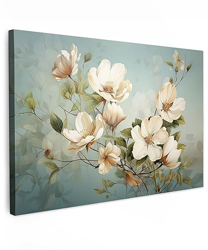 MuchoWow© Bilder Groß 120x80 cm XXL Wohnzimmer Deko Modern Wandbild Foto auf Leinwand Bild Schlafzimmer Room Decor Geschenke Vintage - Blumen - Weiß - Zweige - Natur