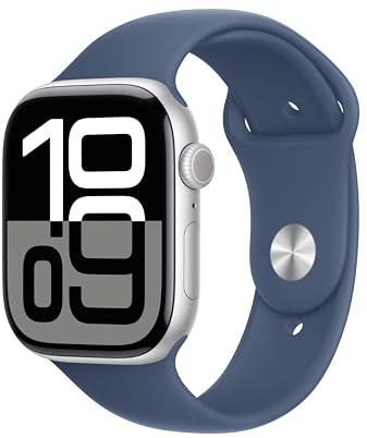 Apple Watch Series 10 GPS + Cellular Smartwatch con Caja de Aluminio Plata de 46 mm y Correa Deportiva Azul Denim - Talla M/L. Monitor de entreno, App ECG, Pantalla Retina Siempre Activa