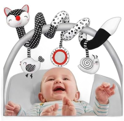 GZYFUVALW Car Seat Toys for Babies 0-6 Months, Baby Sensory Interaction Cartoon Toys with Bells_Black and White High Contrast Baby Toy Hanging or Wrapping Around The Infant Bed or Strollea03 
