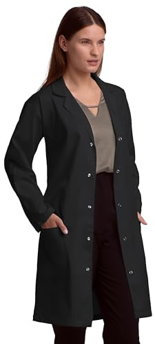 Professionell unisex labbrock för män och kvinnor, flera fickor, klassisk passform, snäppstängning, 102 cm längd, Svart, M