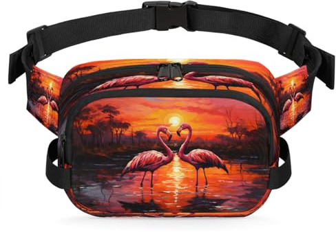 Mexpekil Bauchtasche, rosa Flamingo-grüne Blätter, realistischer Zwei-Wege-Reißverschluss, Gürteltasche, wasserabweisend, Hüfttasche, Crossbody-Tasche mit verstellbarem Riemen, Schwarz