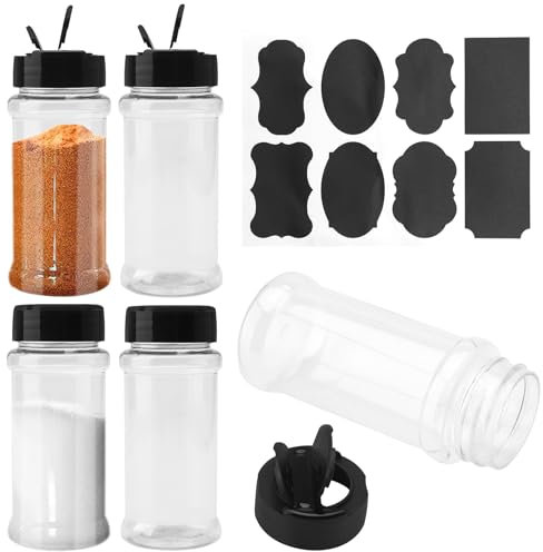 APOMOONS 5 Pack Plastic Spice Jars, 3 oz Spice Seasoning Bottles with Shaker Lids, Clear Seasoning Containers, Reusable Salt Pepper Shaker with Labels, Spice Jar for Herbs, Powders and Kitchen Storage